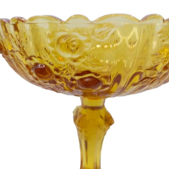 Vtg Unmarked Fenton Raised Cabbage Rose Amber Glass Pedestal Compote Candy Dish - Picture 2 of 15